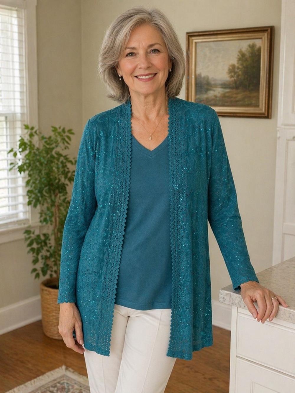 Teal Open-Front Lace-Trim Cardigan - Women Sweater